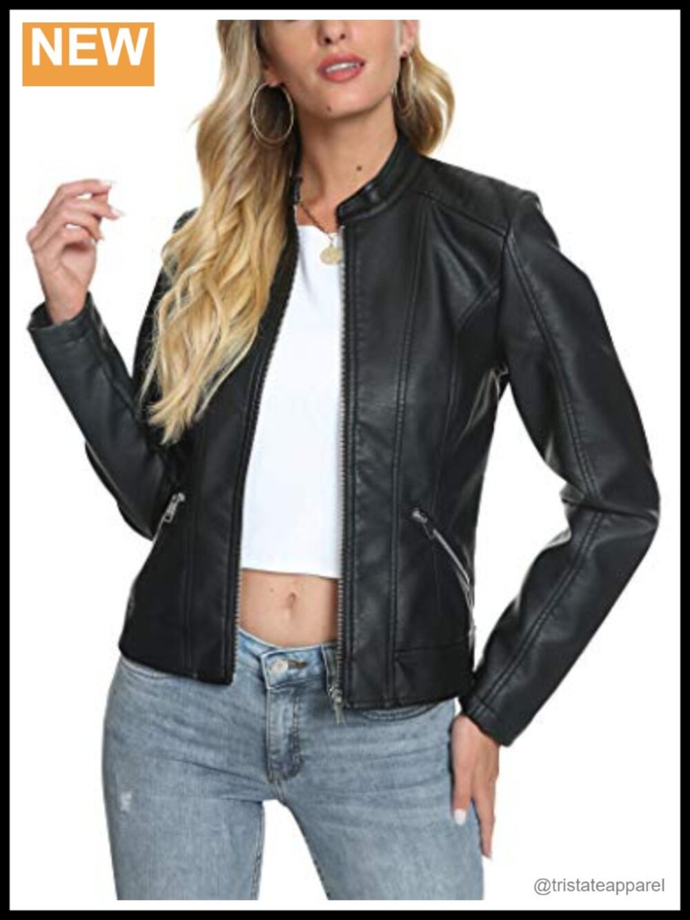 Faux Leather Stand Collar Moto Jacket Slim Fit Zip Utility Pockets